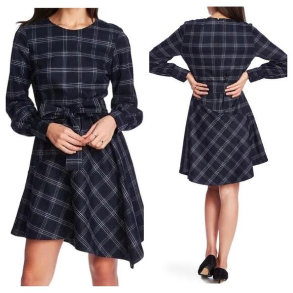 Court & Rowe Women's Soft Asymmetrical Belted Midi A-Line Dress Navy Blue Plaid - Picture 1 of 11